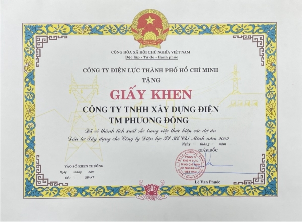 Chứng nhận bằng khen - Điện Phương Đông - Công Ty TNHH Xây Dựng Điện Thương Mại Phương Đông